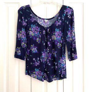 I Love H81 Boho Bohemian Hippie Top Wool Blend 3/4 Sleeve Tie Neck Floral Size M